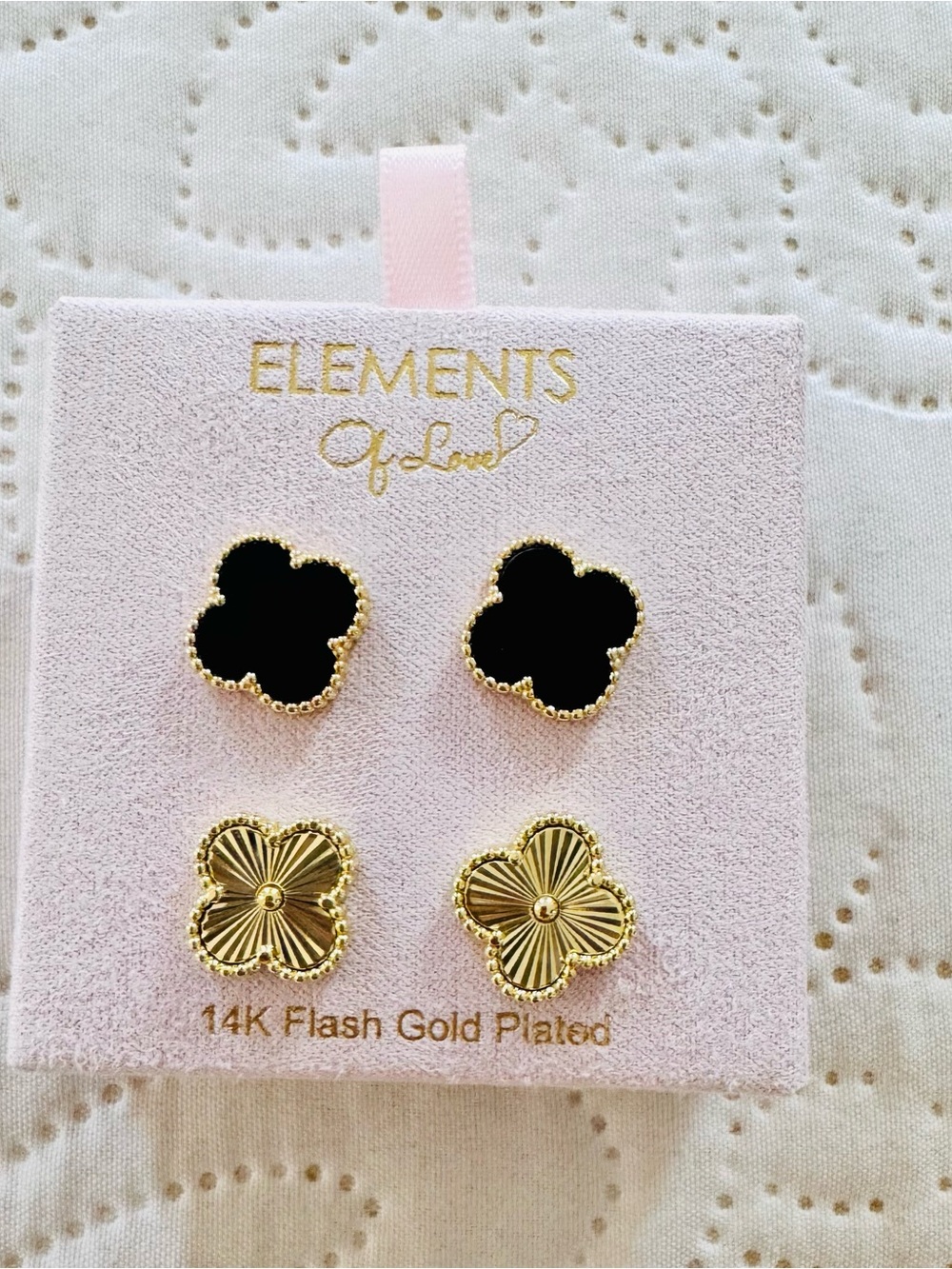 Elements of Love 14K Flash Gold Plated Clover Stud Earring Set in Black and Gold